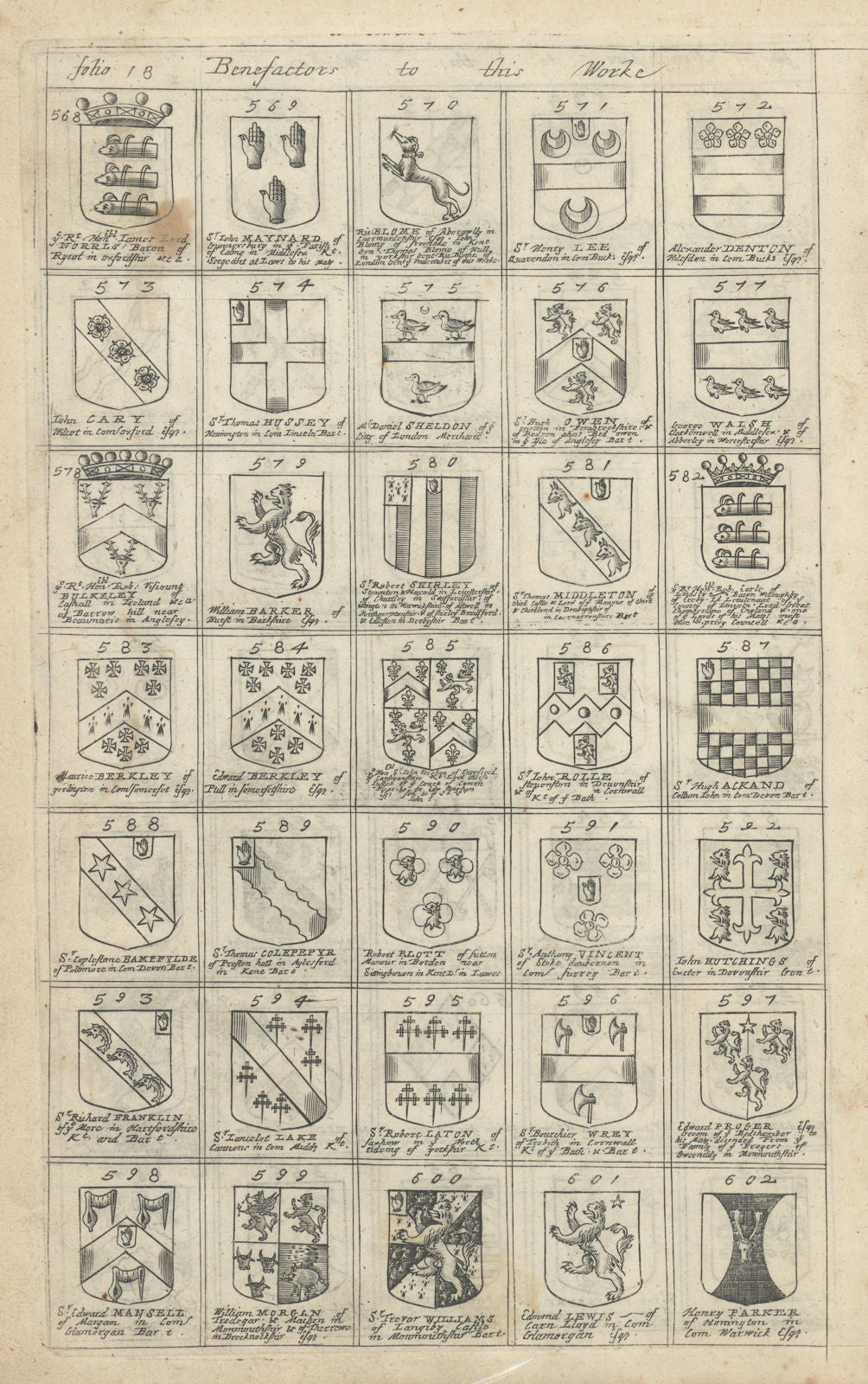 Family coats of arms of benefactors to Blome's Britannia. Folio 18 #568-602 1673